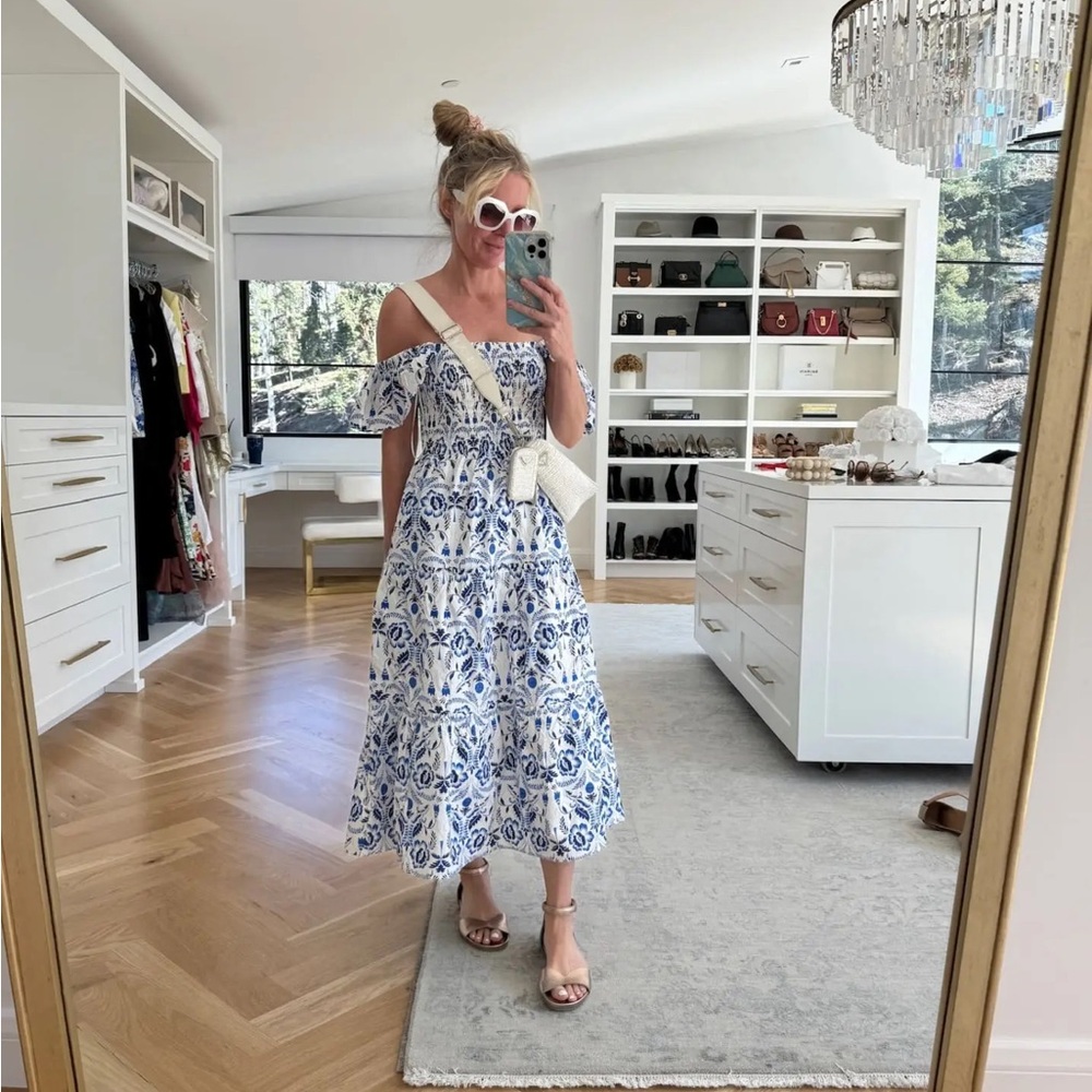 Off-Shoulder Blue & White Floral Midi Dress